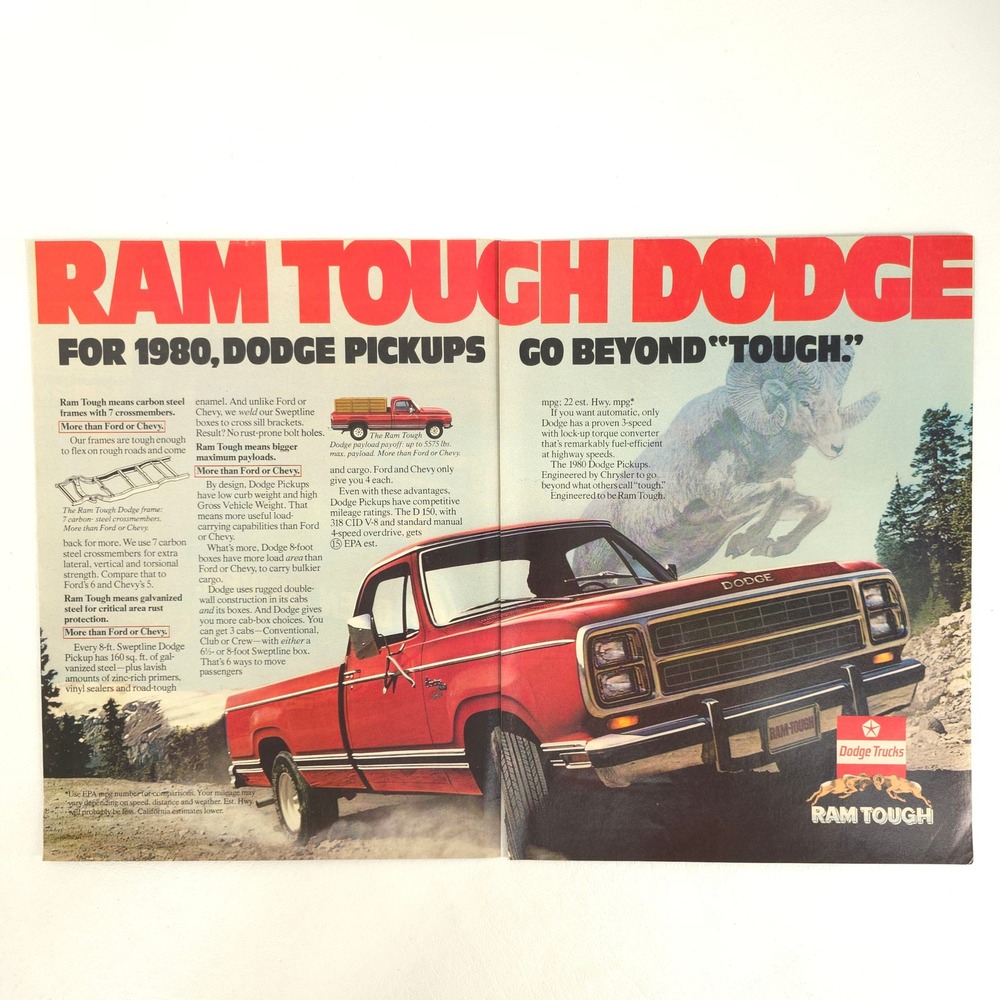 1980 Dodge Ram Tough Pickup Print Ad Vintage Truck Wall Art Garage Show Decor